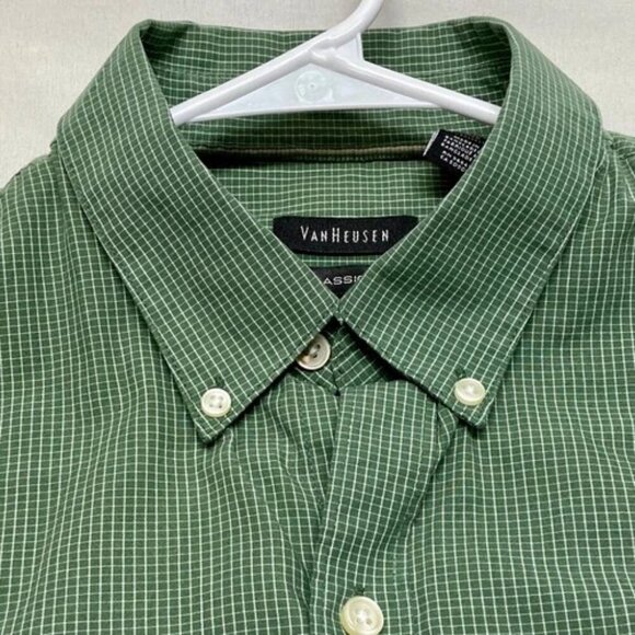 Van Heusen Shirt Men's Large Short Sleeve Classic Fit Button Down Green Grid EUC - Picture 7 of 7
